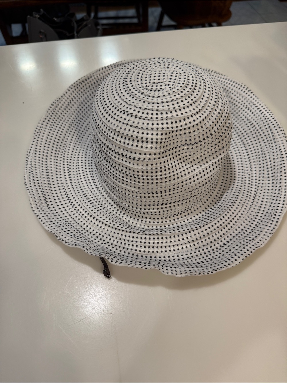 Women’s White Straw Sun Hat with Black Dot Pattern